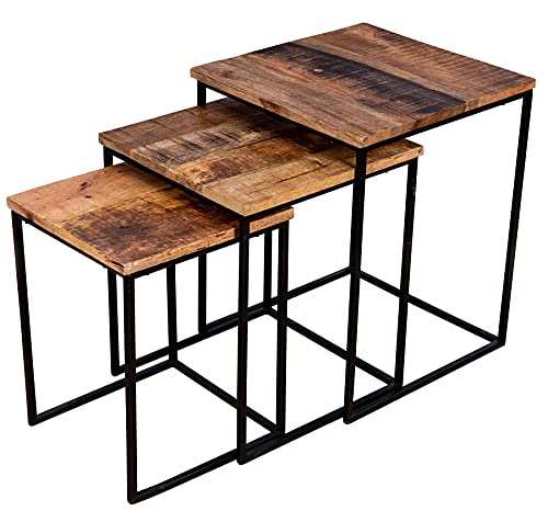 levandeo 3er Set Beistelltisch Mango Natur Eisen Schwarz Design Holz Couchtisch Industrial Deko Tisch