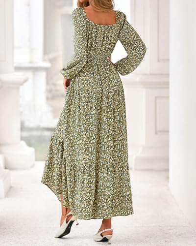BTFBM Long Sleeve Dress for Women 2026 Spring Fall Boho Floral Square Neck Casual Flowy Long Wedding Guest Maxi Dresses(Floral Army Green, Small) - image 3