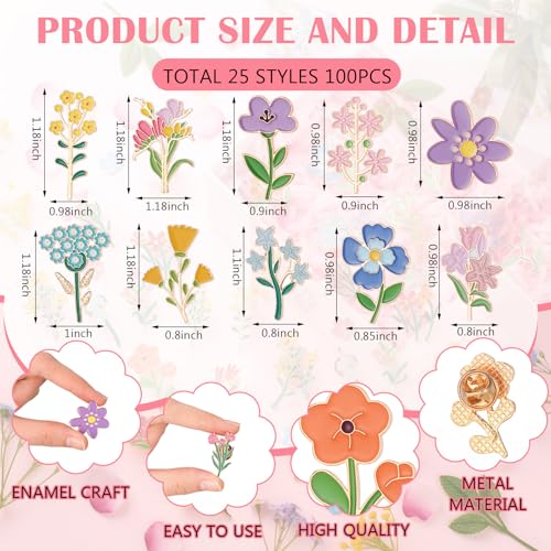 Image of Kenning 100 Pcs Flowers Enamel Pins Bulk Floral Lapel Pins Cute Wildflower Brooches Decoration Gift for Backpack Clothes Women Badge Jewelry