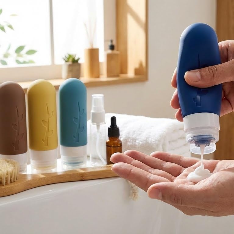 Image of DEPOZA Travel Bottles Kit (16 Pack) - TSA Approved, Leak Proof Silicone Squeezable Containers for Toiletries. Complete Set with Jars, Sprayers & Bag (Dark blue)