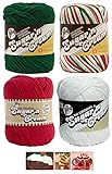 Lily Sugar n' Cream Variety Assortment Holiday 4 Pack Bundle 100 Percent Cotton Medium 4 Worsted Red White Green with 3 Christmas Patterns (Holiday 5)