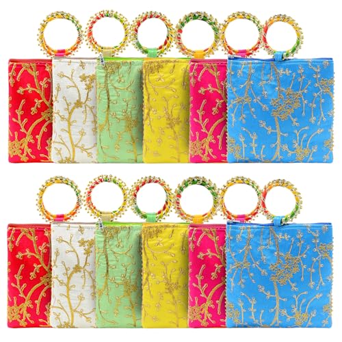 Image of Women Potli Bags Pack of 12 | Gifting Potli with Zip & Bangle Handle | Traditional Shagun Return Gifts Potli for Mehandi, Haldi, Baby Shower, Wedding, Sangeet (Embroidered)