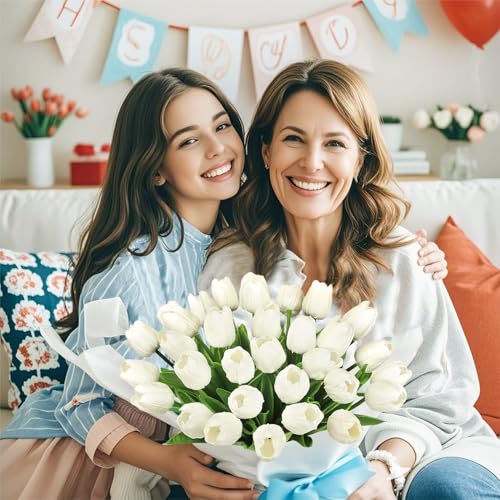 Image of Bassion 30 Pcs White Fake Tulips Artificial Flowers for Decoration | Real touch, PU faux tulips flowers, artificial plants indoor, for home decor wedding Mother's Day spring Easter decorations