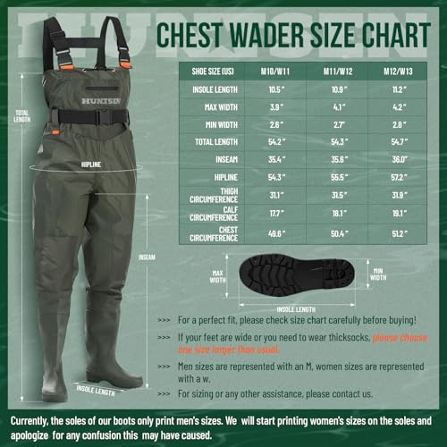 HUNTSEN Fishing Waders for Men Women - 2-Ply Nylon/PVC Waterproof Bootfoot Chest Waders for Hunting with Boot Hanger & Waterproof Phone Case & Reinforced Neoprene Knees Green Size M10