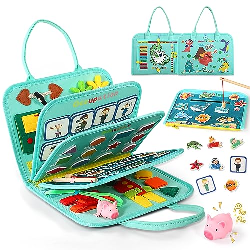 Image of Toddler Busy Board for 1 Year Old, Montessori Toy Busy Book for Toddlers 1-3 with Fishing Game Motor Skills, Educational Learning Toy Car Airplane Activities Kid Travel Essential 2-4 Yr Birthday Gift