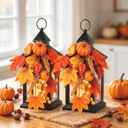 Image of Fall Lanterns Decorative Indoor, 14 inch Autumn Decor Black Outdoor Lantern | Battery Operated, Waterproof Harvest Lantern with Timer Candle, Thanksgiving Decorations for Porch, Patio, Entryway, Mantel