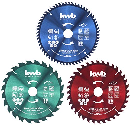 Weekly Top Sale kwb Circular Saw Blade Set 210 x 30/20 / 16 mm for Hand-held Circular saws or Circular Table saws for Panels and Building Materials Made of Wood incl. Reduction Rings to 16 and 20 mm