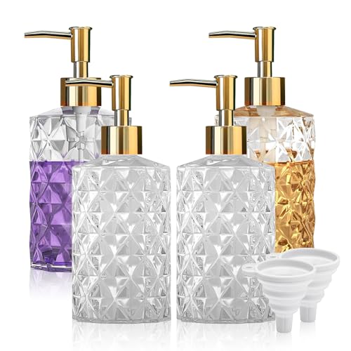 ZQFHSX Dispensador de jabón de Cristal de 330 ml/12 oz. Dispensador de loción Transparente con dosificador Dorado. Diseño Reutilizable para lavavajillas, Gel de Ducha y champú (Paquete de