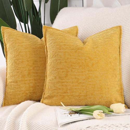 Madizz Lot de 2 Doux Housses de Coussin en Chenille Velours avec Bordure Décorative pour Canapé Chambre à Coucher Salon Jaune Moutarde 40x40 cm
