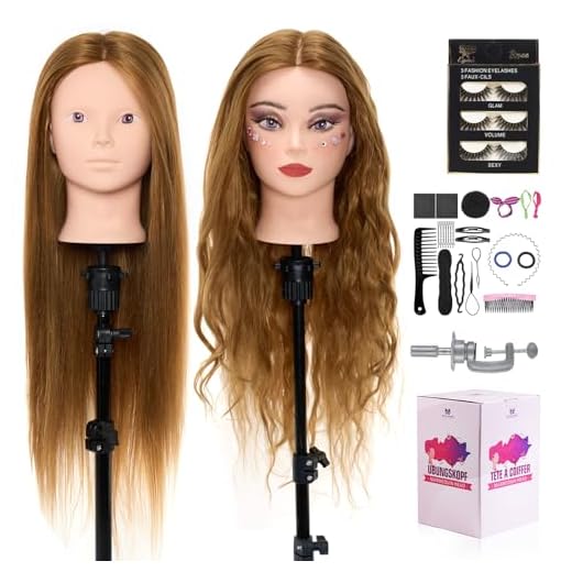 Neverland Beauty Tete a Coiffer,Tête D'entraînement Avec 60% Vrai Cheveux Humains 71cm Tete a Maquiller Cosmétologie Pratique Mannequin Poupee + Titulaire + Ensemble de Tresse