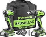 Greenworks 24V Brushless Cordless Drill Impact Driver Combo kit, 1/2”Drill & 1/4”Hex Impact Driver Power Tool Kit, Included 2 * 1.5Ah Batteries, Fast Charger, 8 pcs Bit Set & Bag
