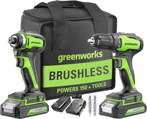 Image of Greenworks 24V Brushless Cordless Drill and Impact Driver,Power Tool Combo Kit Included 1 /2 inchDrill & 1 /4 inchHex Impact Driver and (2) Batteries, Fast Charger, 2 pcs Drill Bit Set & Bag