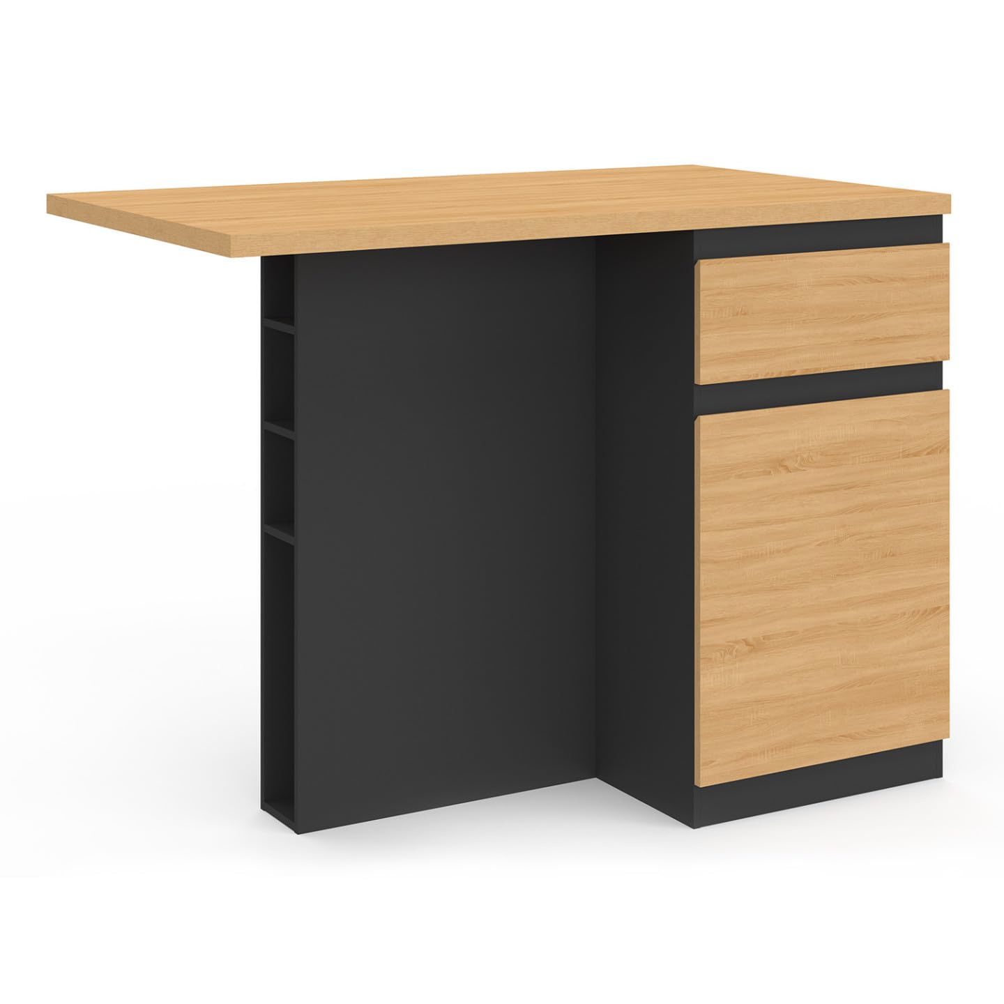 IDMarket - Ilot central TINO 120 cm avec range-bouteilles 4 personnes bois noir avec plan de travail façon hêtre