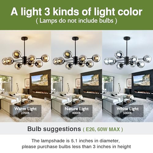 Image of 8-Light Sputnik Chandelier Black Mid Century Glass Globe Ceiling Light Fixture Modern Bubble Chandelier for Dining Room Living Room Kitchen Bedroom Farmhouse.
