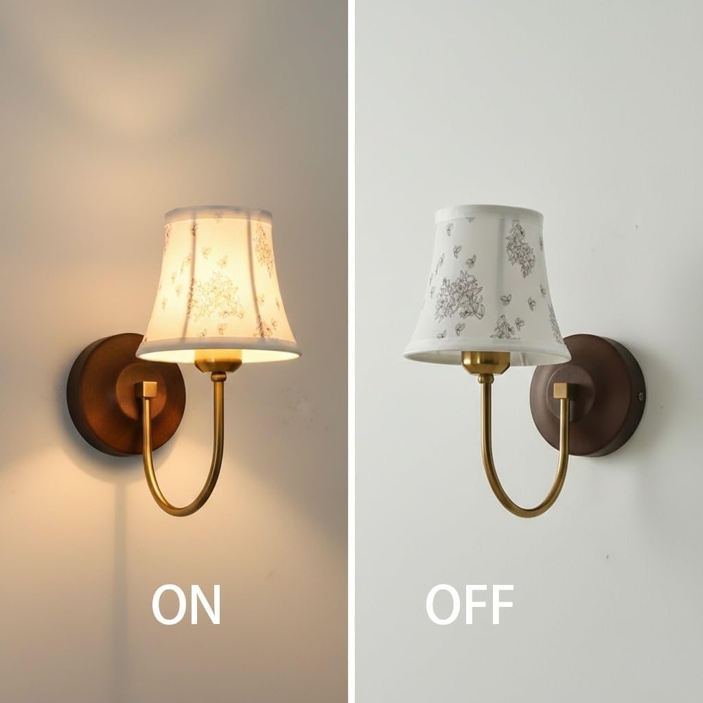 Vintage Floral Print Wall Sconce Lighting, Mid-Century Modern Wall Light Fixture, Retro Fabric Shade Wall Lamp, Elegant Bedside Sconce for Bedroom, Living Room, Hallway, Study Parlor