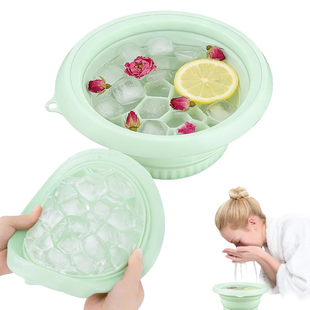 XPJBKC Silicone Ice Face Bowl, Foldable Facebowl with Built-in Icetray, Quick Cooling & Portable Washing Basin for Face Ice Bath & Puffiness Relief & Soothing Skin, Travel & Home Use (Green)