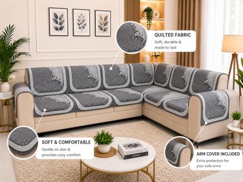 Image of Printed 7 Seater L-Shape Sofa Cover with Arm Covers, Quilted Texture, Sectional Couch Protector for Living Room-Pack of 15 (Grey Vine)