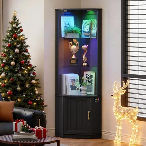 HNEBC 69"H Corner Display Cabinet with Glass Door & RGB Sensor Lights