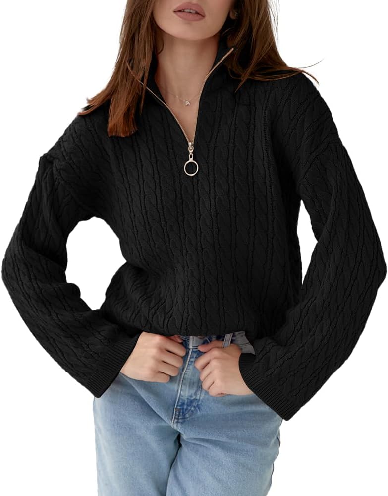Imily Bela Womens Cable Knit Half Zip Sweater V Neck Collared Fall Trendy Oversized Long Sleeve Pullover Tops - Image 2