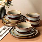 TheTerra Ceramic Dinnerware Sets for 4, 12 Pieces Handmade Reactive Glaze Plates...