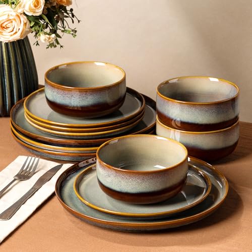 Image of TheTerra Ceramic Dinnerware Sets for 4, 12 Pieces Handmade Reactive Glaze Plates and Bowls Set, Scratch Resistant Dish Set, Oven & Microwave & Dishwasher Safe, Dusk Blue