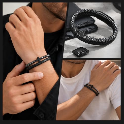Natural Hematite Bracelet for Men-Handmade Black Leather Cross Bracelets | Adjustable Masculine Healing Hematite Beaded Cuff Bracelets,Religious Catholic Faith Jewelry Gift,Boyfriend Husband Son - image 7