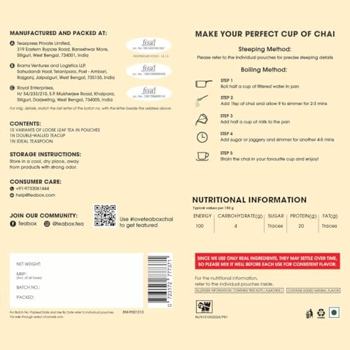 Image of Teabox Authentic Indian Spiced Chai Trial Pack | 10 Unique Chai Blends x 30g /1.05 oz | 300g /10.58oz Total | No Artificial Flavors | Small-Batch Crafted