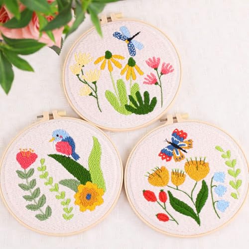 Image of Allazone 3 Set Embroidery Starter Kits for Beginner, Butterfly and Bird Punch Needle Kit with Instruction, Plastic Hoop, Yarns and Embroidery Handle Needle Pen