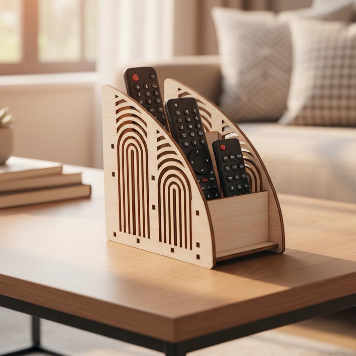 Image of Wooden Remote Control Holder with 2 Compartments - MDF Desk Organizer for TV Remotes, Mobile, Accessories Modern Geometric Design Storage Stand (7 x 2.5 x 5 Inches)