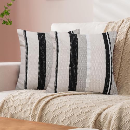 Housse de coussin rayures bohème lot de 2 noir rustique coton lin