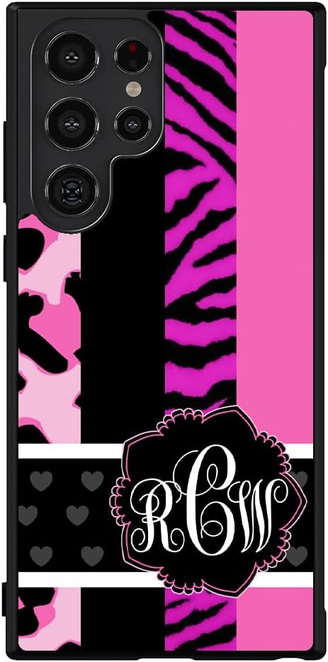 Leopard Zebra Personalized Monogram Black Rubber Phone Case Compatible With Samsung Galaxy S25 S25FE S25+ S25 Ultra S24 S24+ S24 Ultra S24FE, S23 FE S23+ Ultra S22 S22+