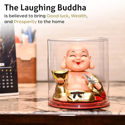 Image of ZAICUS Laughing Buddha Showpiece Holding Ingot & Fan | Home & Office Decor | Golden Baby Monk IdolFeng Shui Vastu Decorative Figurine for Good Luck & Prosperity | Gift for Housewarming