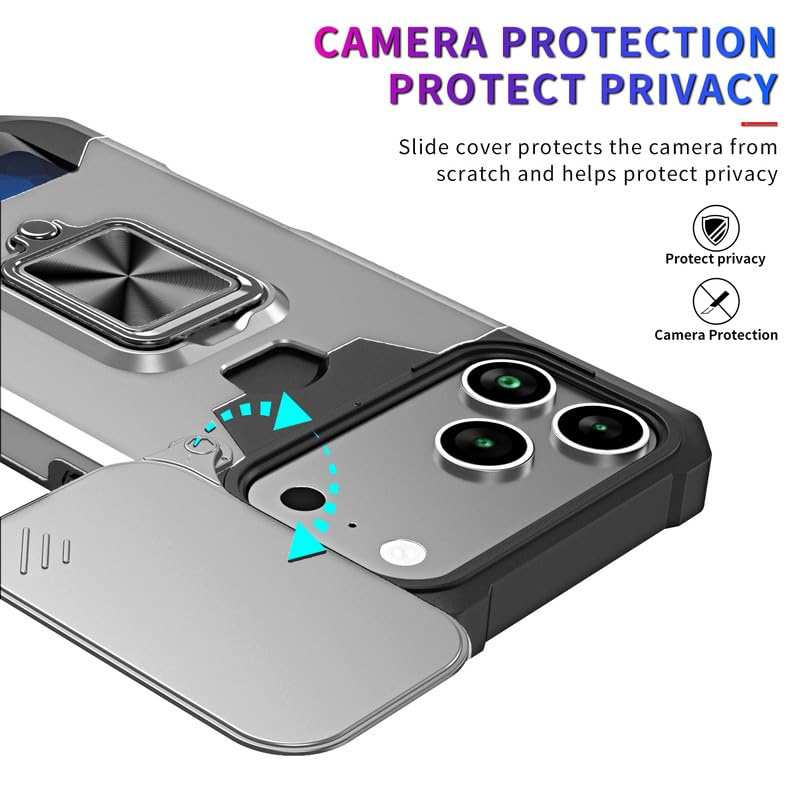 Image of LuxuryKase Shockproof Armor Case for iPhone 17 Pro Max | Slide Camera Cover | Hidden Card Slot | Rotating Ring Kickstand | Magnetic Car Mount Support | Military Grade Protection - White