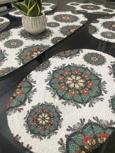 Image of Table Mats Set of 6 with Table Runner - Non Slip, Heat Resistant, Jute Cotton Blend for Dining Room Decor (White Flower)