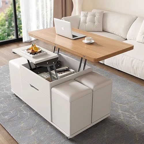 Mesa de centro de madera maciza, mesa de centro elevable con almacenamiento, mesa central plegable moderna multifunción 3 en 1, mesa de centro moderna multifuncional escalable con cuatro taburetes, pa