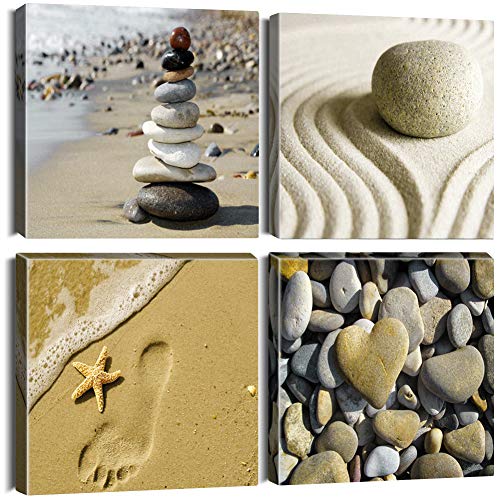Artscope Lienzos Decorativos - Playa y Piedras Imágenes Estilo Nórdico Pintura Prueba de Agua con Marco Listo para Colgar para Sala de Estar Décor Dormitorio Regalo 30x30cm