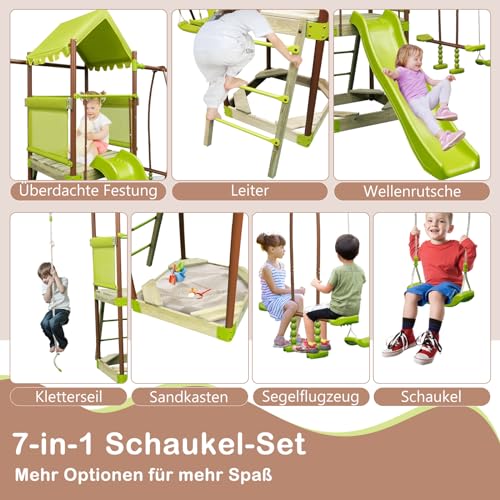 COSTWAY Spielturm, Klettergerüst mit Schaukel, Rutsche, Kletterseil, Gleitersitzen, Leiter und Sandkasten, Outdoor Kinder Kletterturm für Garten