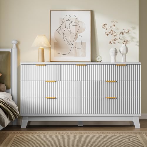 Image of BORNOON Fluted 7 Drawer Dresser, 47.2 inch Wide Modern Boho Chest of Drawers, Wooden Storage Dresser TV Stand for Bedroom, Living Room, Closet, Hallway, Curved Profile Design