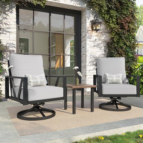 COMLAX FIELD Outdoor Patio Swivel Rocking Chairs Set, Front Porch Furniture with 6" Thick Cushions, 3 Pieces Outdoor Bistro Set with Coffee Table, 350lbs, Light Grey