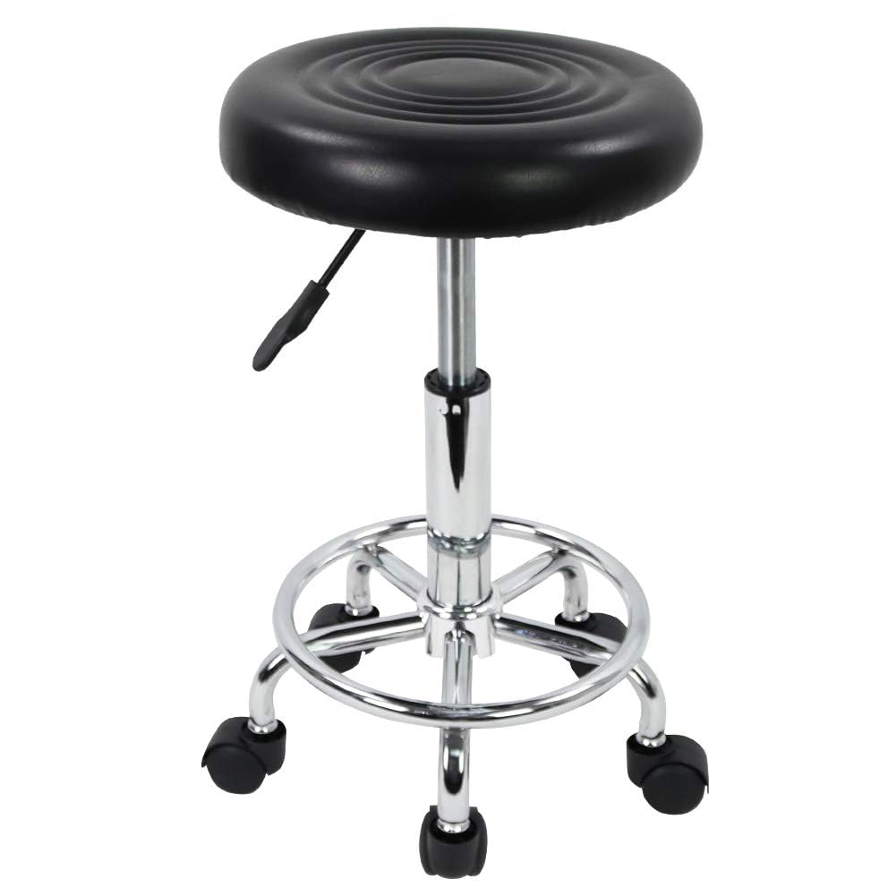 WFJINHAN PU Leather Modern Round Rolling Stool with Footrest Height Adjustable Spa Drafting Salon Tattoo Work Massage Stools Task Chair Small (Black)