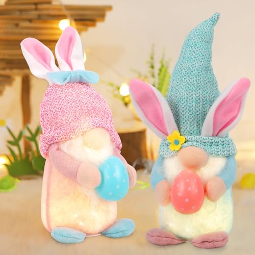 LIFEJXWEN 2PCS Easter Bunny Gnomes Decor, Battery- Operated Easter Bunny Gnomes Plush Decorations, Elf Stuffed Doll Rabbit Easter Gifts Ornaments Home Desktop Decoration Easter Gifts for Kids