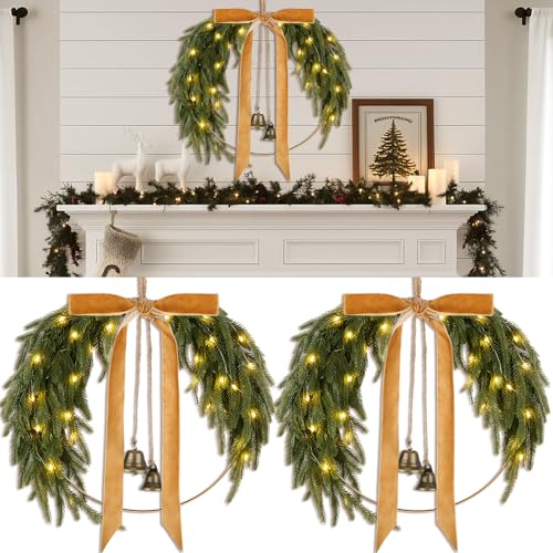 Hungdao 2 Pack 11.8" Rustic Christmas Pine Wreath with Light Bell Bow for Front Door Farmhouse Artificial Christmas Hoop Wreath for Window Wall Mantle Hanging Outdoor Indoor Decor(Norfolk Pine) by Hungdao - Used condition - US$7.86