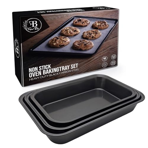 Fusion Bliss Non-Stick Baking Tray Set for Oven – Heavy Duty Carbon Steel Roasting Trays & Oven Trays – Bakeware for Cookies, Cakes, Roasting Tin, and More – Cooking Trays Assorted (Pack of 3) Fusion Bliss Non-Stick Baking Tray Set for Oven – Heavy Duty Carbon Steel Roasting Trays & Oven Trays – Bakeware for Cookies, Cakes, Roasting Tin, and More – Cooking Trays Assorted (Pack of 3)