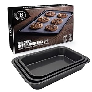 Fusion Bliss Non-Stick Baking Tray Set for Oven – Heavy Duty Carbon Steel Roasting Trays & Oven Trays – Bakeware for Cookies, Cakes, Roasting Tin, and More – Cooking Trays Assorted (Pack of 3)