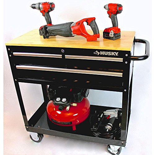 Husky 36 in. 3-Drawer Rolling Tool Cart with Wood Top, Black