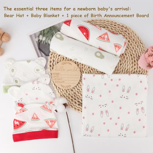 Image of DRESHOW BQUBO Cotton Baby Swaddle Hat Set Newborn Infant Receiving Blankets with Bear Ears Hat Wooden Birth Announcement Card Newborn Unisex Swaddle Wrap Sets Warm Shower Gift