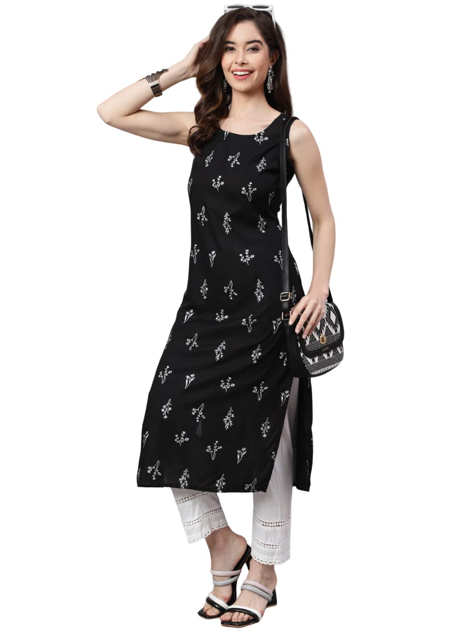 Women Printed Rayon Sleeveless Round Neck Calf Length Straight Kurta (Black-P)