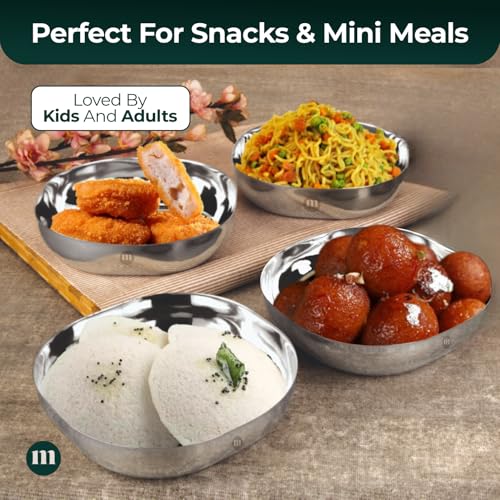Image of MARU Steel Small Square Snacks /Serving Plates Set of 4 (16 cm Each), Multi-Utility Quarter /Diet Plates for Small Meals with Mirror Finish Design, Perfect for Breakfast, Nashta, Dessert & Daily Use