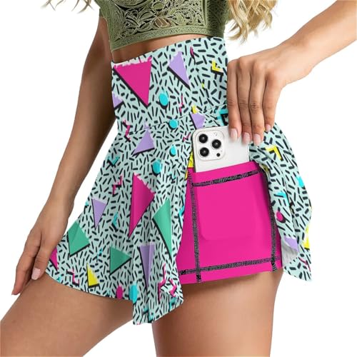 MSOKAZZLES Green 80s 90s Tennis Skirt for Women with Pockets Inner Shorts, High Waisted Athletic Golf Skorts for Running Workout Sports S