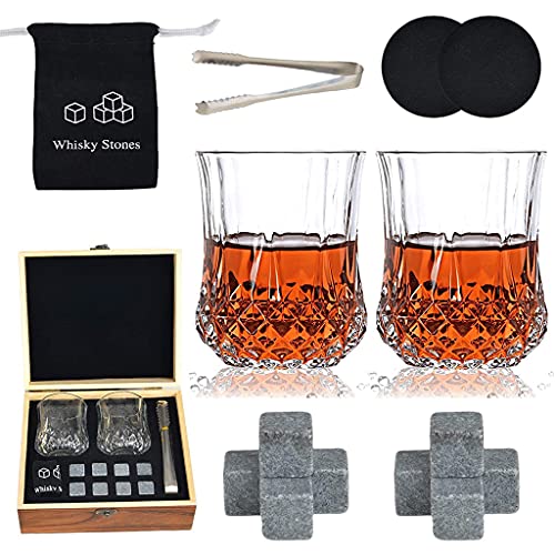 2 peças de copos de uísque com conjuntos de pedras reutilizáveis de uísque – caixa de madeira com pe